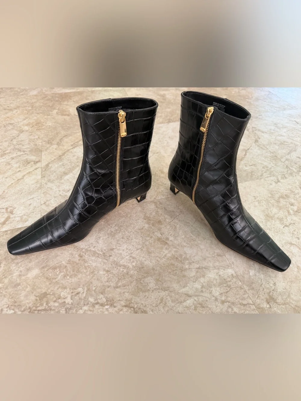 Michael Kors Croc-Embossed Black Leather Ankle Boots with Kitten Heel